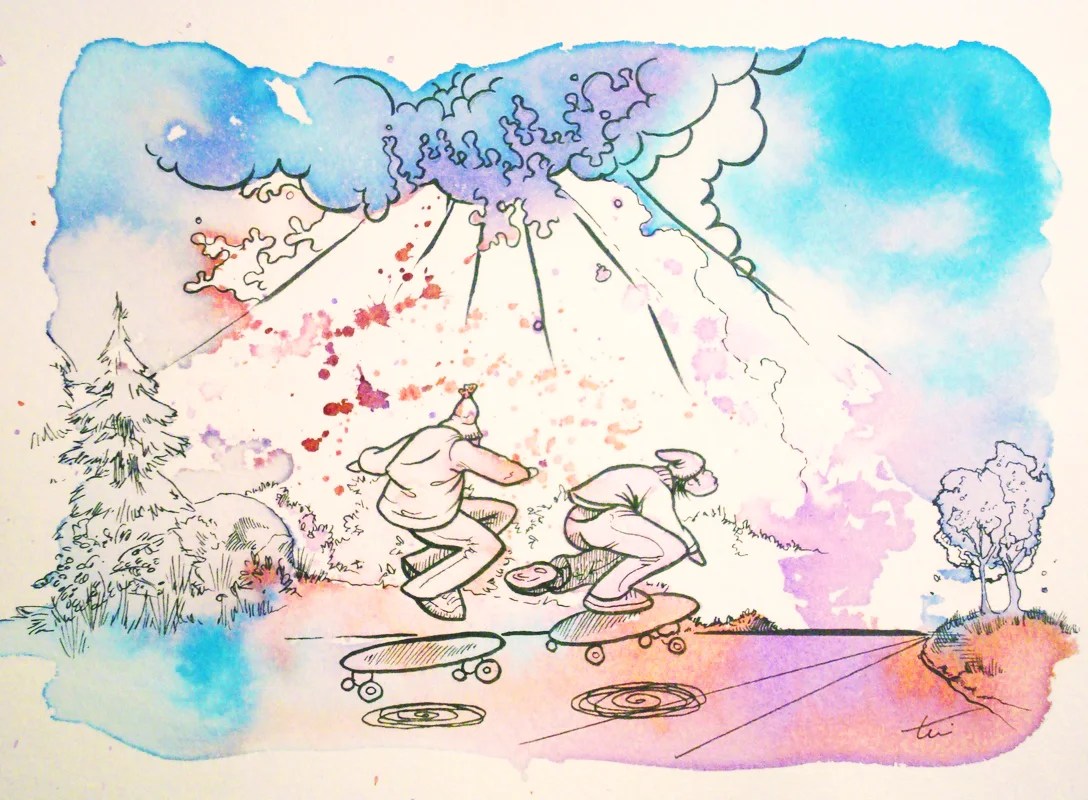 Watercolor scene of skateboarders riding under dramatic clouds with trees and splattered color